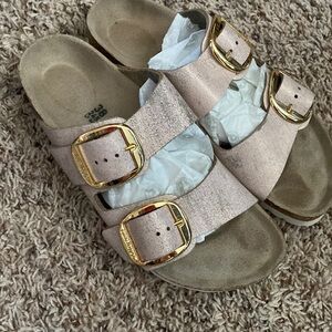 Birkenstock Arizona Washed Metallic Rose Gold Big Buckle Double Strap Sandals